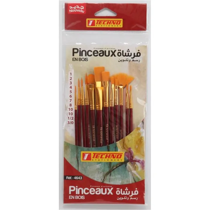[4643] PINCEAUX EN BOIS SOUS CARTE DE 12 PIECES Techno